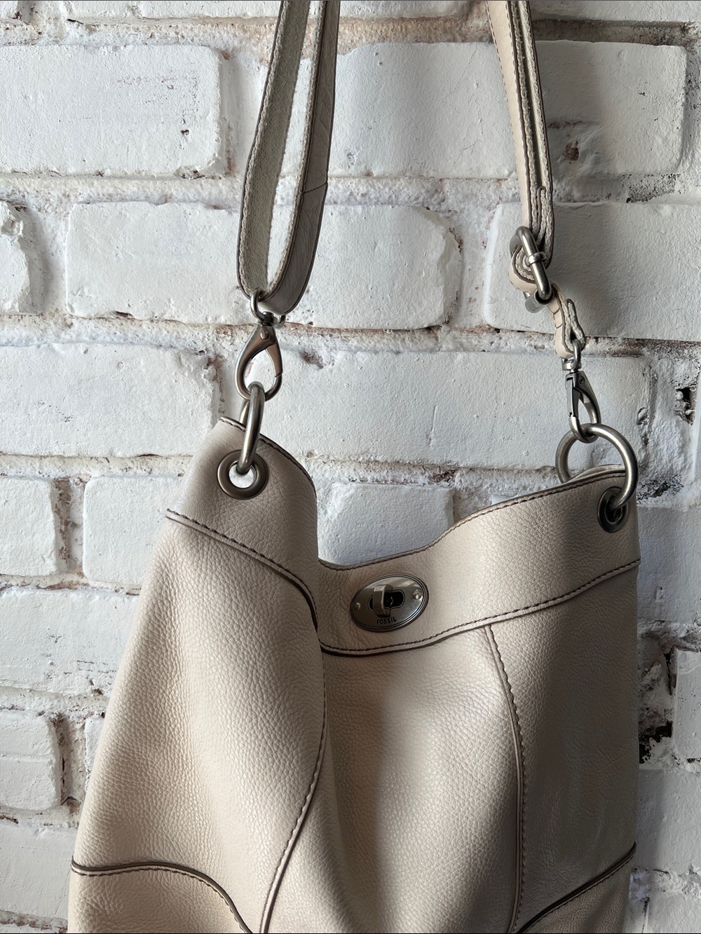 Women's Neutral Leather Shoulder Bag - Beige silver hardware - Picture 3 of 16